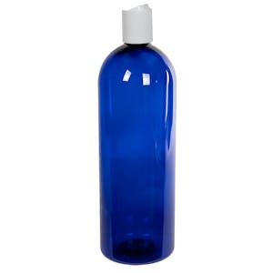 32 oz. Cobalt Blue PET Cosmo Round Bottle with 28/410 White Polypropylene Dispensing Disc-Top Cap