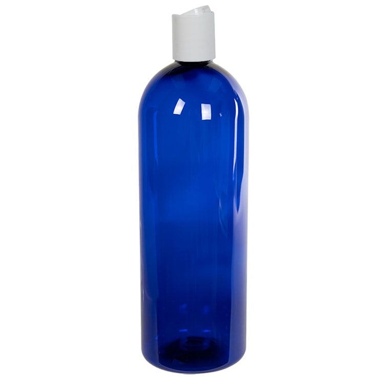 32 oz. Cobalt Blue PET Cosmo Round Bottle with 28/410 White Polypropylene Dispensing Disc-Top Cap