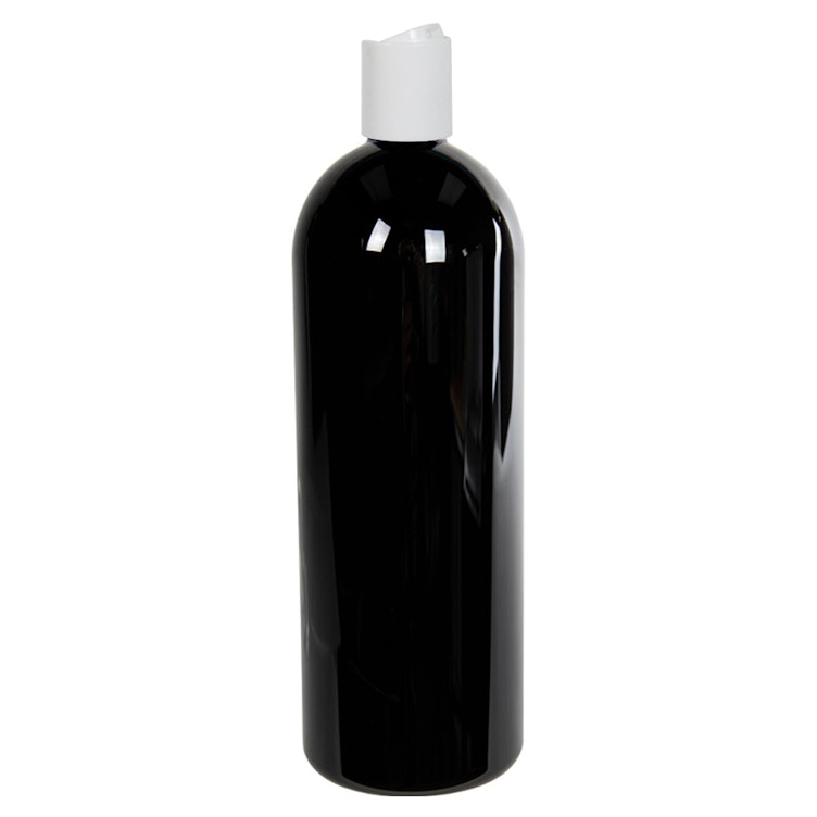 32 oz. Black PET Cosmo Round Bottle with 28/410 White Polypropylene Dispensing Disc-Top Cap