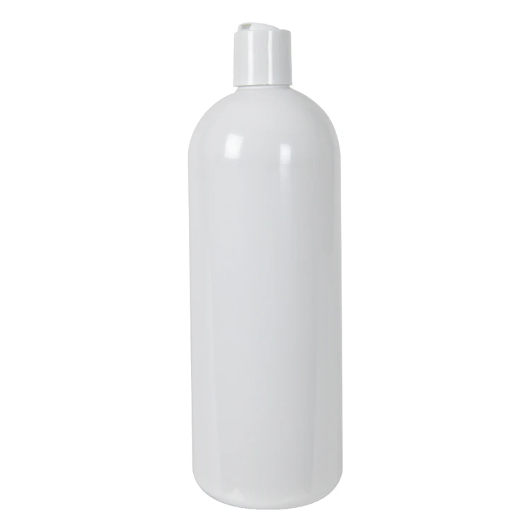 32 oz. White PET Cosmo Round Bottle with 28/410 White Polypropylene Disc-Top Dispensing Cap