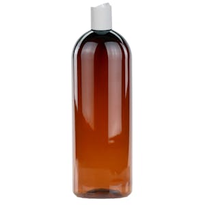 32 oz. Light Amber PET Cosmo Round Bottle with 28/410 White Polypropylene Disc-Top Dispensing Cap