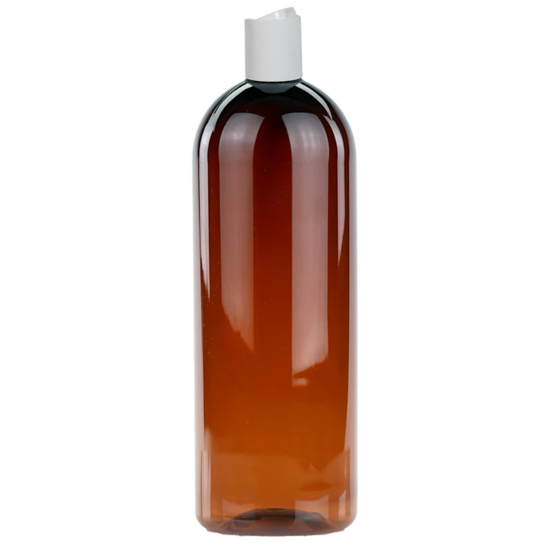 32 oz. Light Amber PET Cosmo Round Bottle with 28/410 White Polypropylene Disc-Top Dispensing Cap