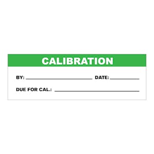 "Calibration" with "By __," "Date __" & "Due for Cal __" Rectangular Paper Write-On Label with Green Header - 3" x 1"