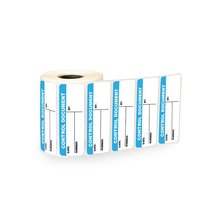 "Control Document" with "Date," "Number" & "By" Blocks Rectangular Paper Write-On Label with Blue Header - 3" x 1"