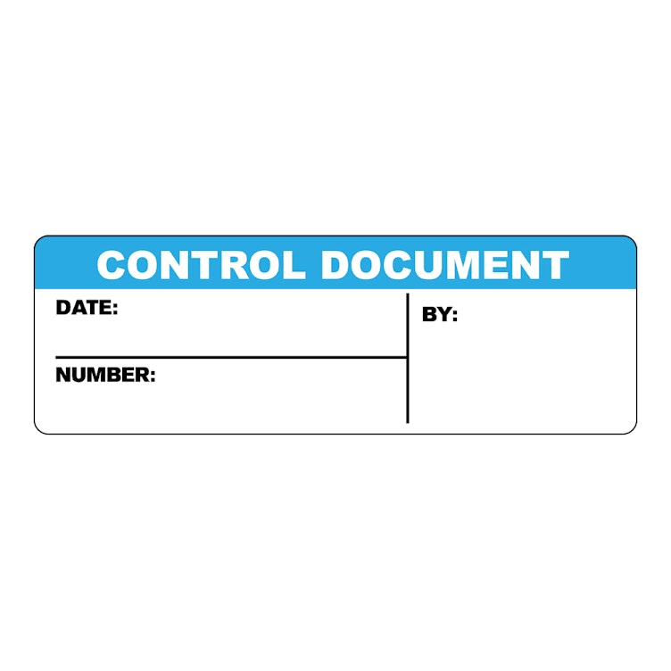 "Control Document" with "Date," "Number" & "By" Blocks Rectangular Paper Write-On Label with Blue Header - 3" x 1"