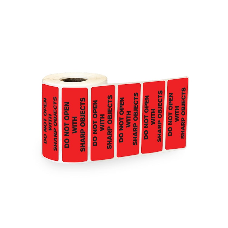 "Do Not Open with Sharp Objects" Rectangular Paper Label with Red Background - 3" x 1"