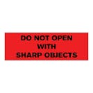 "Do Not Open with Sharp Objects" Rectangular Paper Label with Red Background - 3" x 1"
