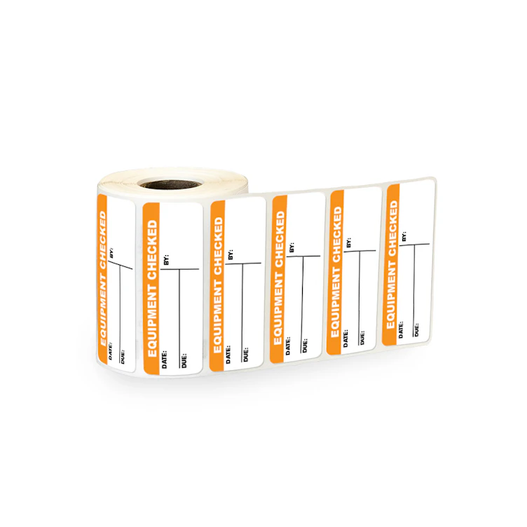 "Equipment Checked" with "Date," "Due" & "By" Blocks Rectangular Paper Write-On Label with Orange Header - 3" x 1"