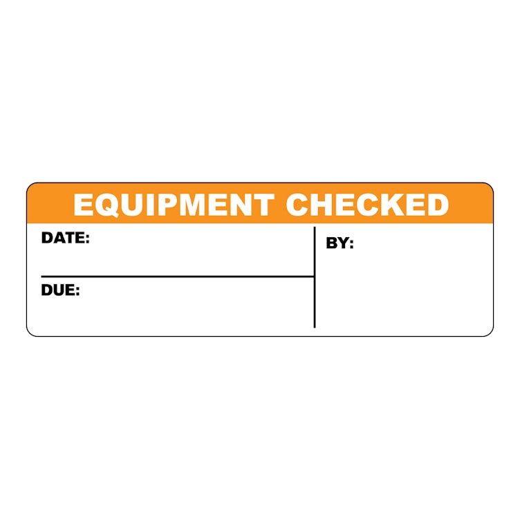 "Equipment Checked" with "Date," "Due" & "By" Blocks Rectangular Paper Write-On Label with Orange Header - 3" x 1"