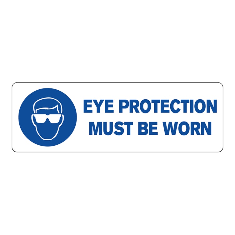 "Eye Protection Must Be Worn" Rectangular Paper Label with Symbol & Blue Font - 3" x 1"