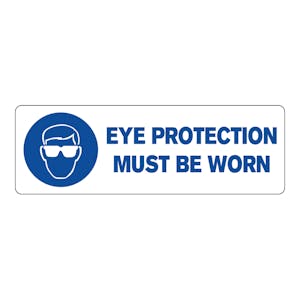 "Eye Protection Must Be Worn" Rectangular Paper Label with Symbol & Blue Font - 3" x 1"