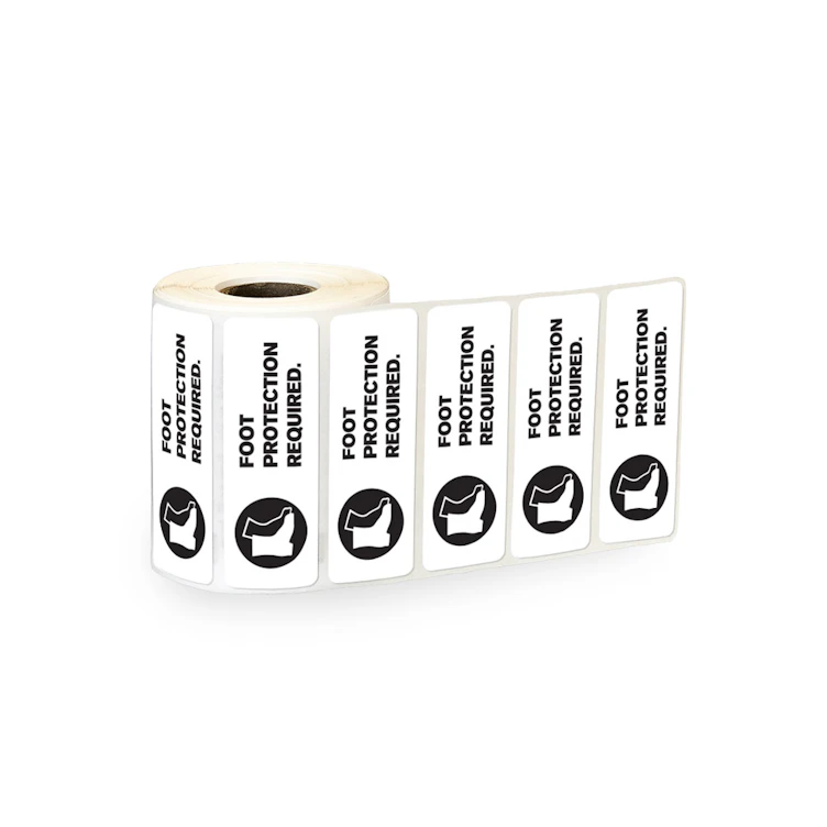 "Foot Protection Required" Rectangular Paper Label with Symbol & Black Font - 3" x 1"