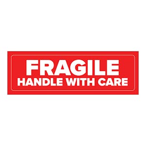 "Fragile - Handle with Care" Rectangular Paper Label with Red Background - 3" x 1"
