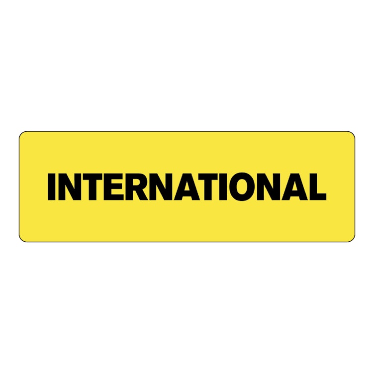 "International" Rectangular Paper Label with Yellow Background - 3" x 1"