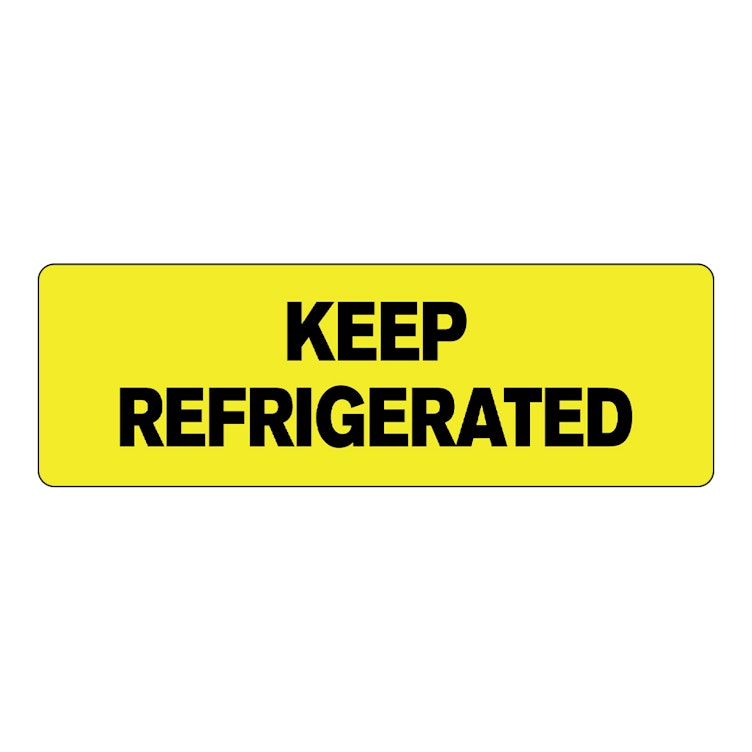 "Keep Refrigerated" Rectangular Paper Label with Yellow Background - 3" x 1"