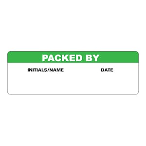"Packed By" with "Initials/Name" & "Date" Blocks Rectangular Paper Write-On Label with Green Header - 3" x 1"