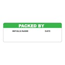 "Packed By" with "Initials/Name" & "Date" Blocks Rectangular Paper Write-On Label with Green Header - 3" x 1"