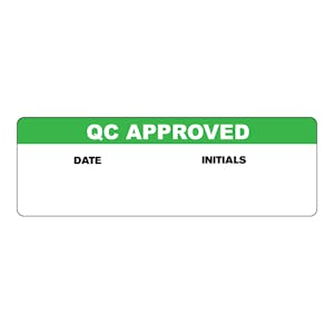 "QC Approved" with "Date" & "Initials" Blocks Rectangular Paper Write-On Label with Green Header - 3" x 1"