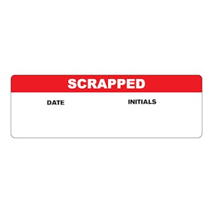 "Scrapped" with "Date" & "Initials" Blocks Rectangular Paper Write-On Label with Red Header - 3" x 1"