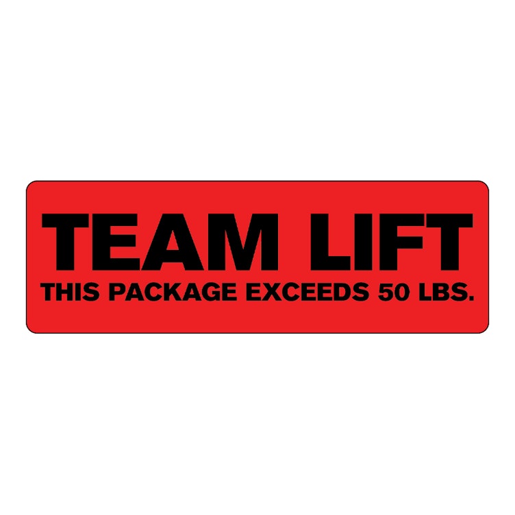 "Team Lift - This Package Exceeds 50 lbs." Rectangular Paper Label with Red Background - 3" x 1"