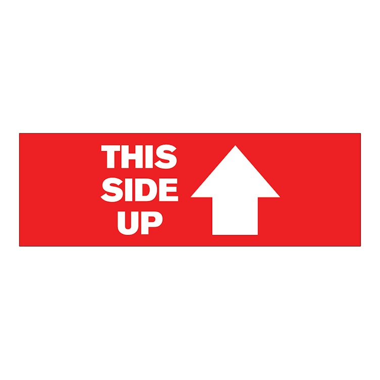 "This Side Up" Horizontal Rectangular Paper Label with Red Background - 3" x 1"