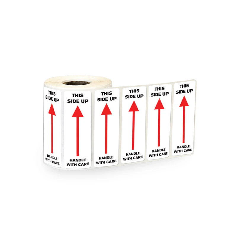 "This Side Up - Handle with Care" Vertical Rectangular Paper Label with Red Arrow & Black Font - 3" x 1"