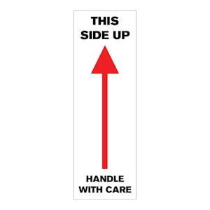 "This Side Up - Handle with Care" Vertical Rectangular Paper Label with Red Arrow & Black Font - 3" x 1"