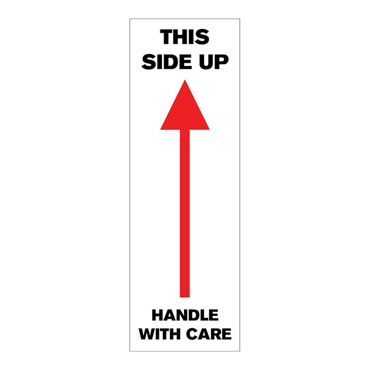 "This Side Up - Handle with Care" Vertical Rectangular Paper Label with Red Arrow & Black Font - 3" x 1"