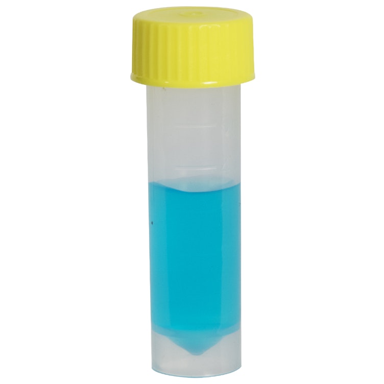 5mL Non-Sterile Clear Polypropylene Transport Tube with Loose Yellow Screw Cap - 250 per Bag; 4 Bags per Case