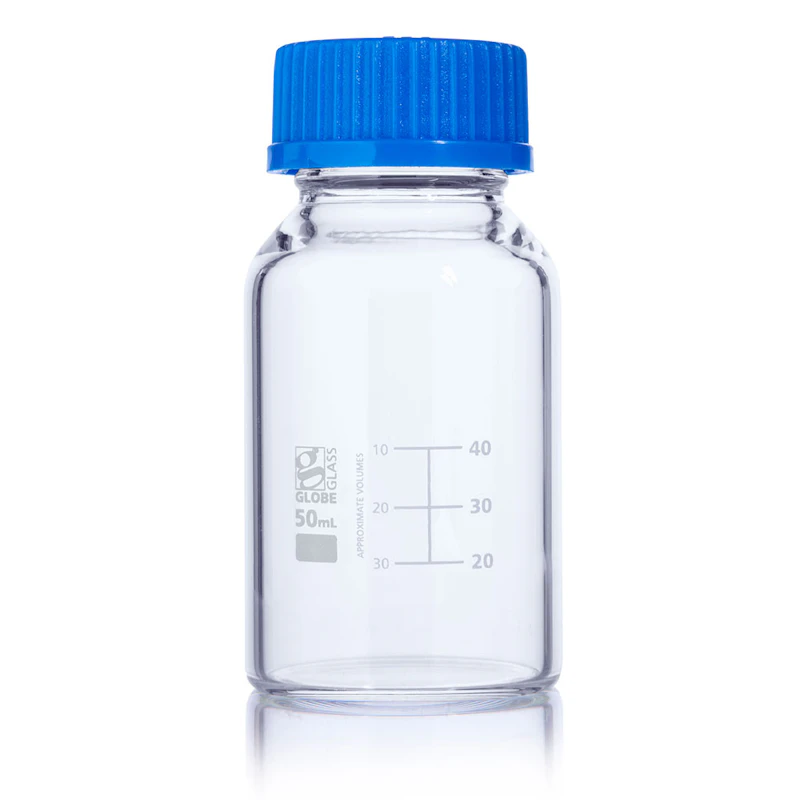 50mL Clear Glass Round Media Storage Bottle with GL32 Cap & Dual Graduations - Case of 10