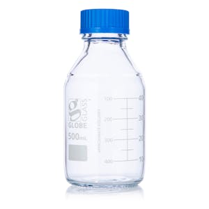 500mL Clear Glass Round Media Storage Bottle with GL45 Cap & Dual Graduations - Case of 10