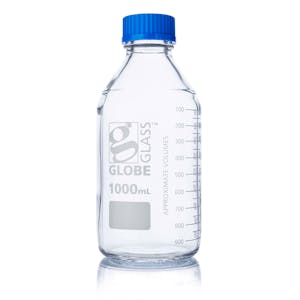 1000mL Clear Glass Round Media Storage Bottle with GL45 Cap & Dual Graduations - Case of 10