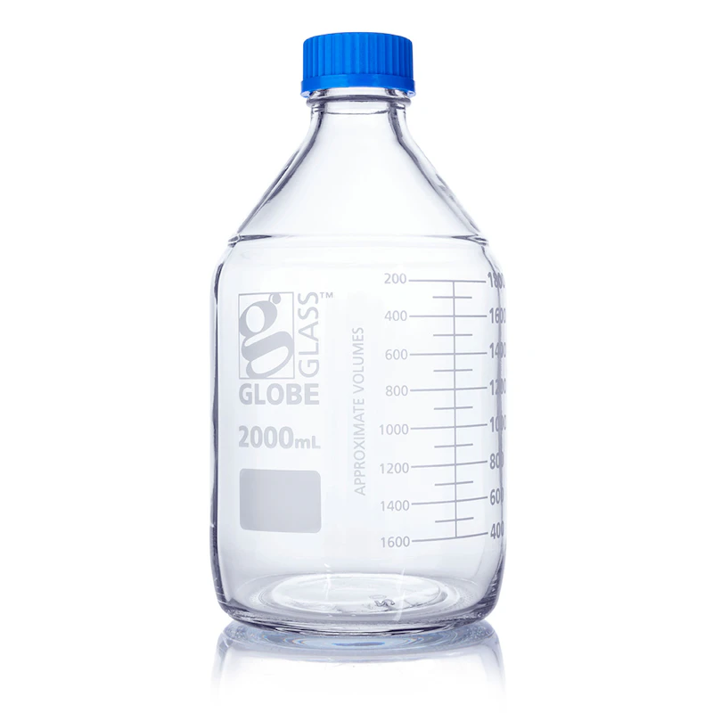 2000mL Clear Glass Round Media Storage Bottle with GL45 Cap & Dual Graduations - Case of 10