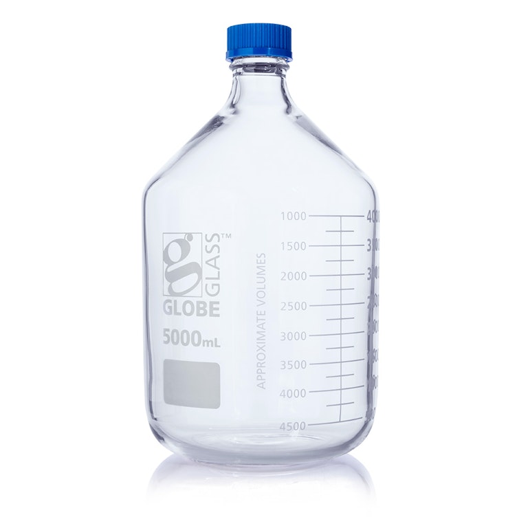 5000mL Clear Glass Round Media Storage Bottle with GL45 Cap & Dual Graduations - Case of 1