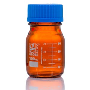 100mL Amber Glass Round Media Storage Bottle with GL45 Cap & Dual Graduations - Case of 10