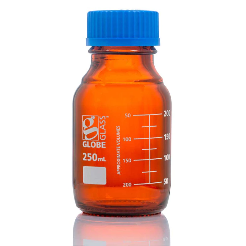 250mL Amber Glass Round Media Storage Bottle with GL45 Cap & Dual Graduations - Case of 10