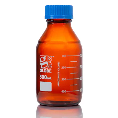 500mL Amber Glass Round Media Storage Bottle with GL45 Cap & Dual Graduations - Case of 10