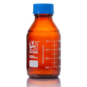 500mL Amber Glass Round Media Storage Bottle with GL45 Cap & Dual Graduations - Case of 10