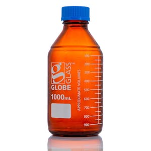 1000mL Amber Glass Round Media Storage Bottle with GL45 Cap & Dual Graduations - Case of 10