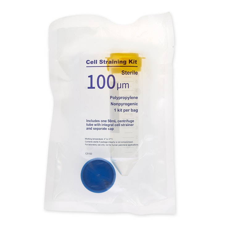 100µm Sterile Yellow SureStrain™ Cell Strainer Kit with Strainer, Tube & Screw Cap - Individually Wrapped, Case of 50