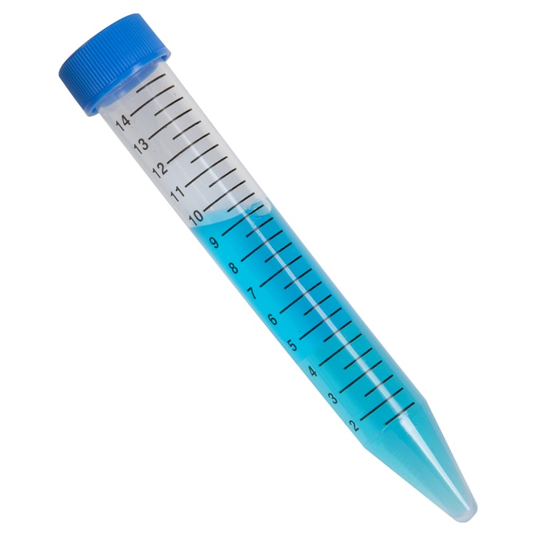 15mL Sterile Clear Polypropylene Centrifuge Tube with Blue Screw Cap & Printed Graduations - Individually Wrapped; Case of 300