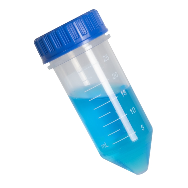 25mL Sterile Clear Polypropylene Centrifuge Tube with Blue Screw Cap & Printed Graduations - 25 per Bag; 8 Bags per Case