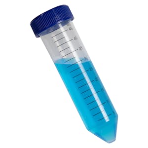 50mL Sterile Clear Polypropylene Centrifuge Tube with Blue Screw Cap & Printed Graduations - 25 per Bag; 20 Bags per Case