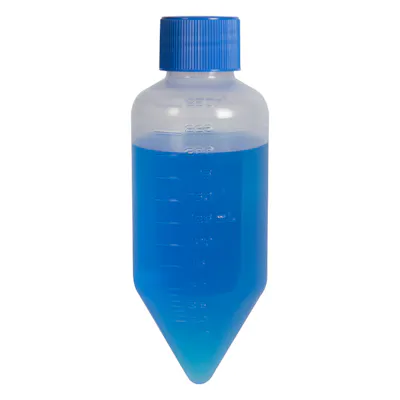 250mL Sterile Natural Polypropylene Large Volume Centrifuge Tube with Blue Screw Cap & Molded Graduations - 5 per Bag; 14 Bags per Case