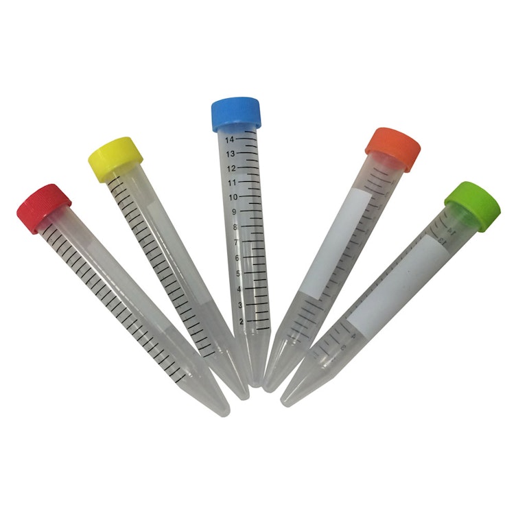 15mL SpectraTube™ Sterile Clear Polypropylene Centrifuge Tubes with Assorted Color Caps & Printed Graduations - 25 per Bag; 20 Bags per Case