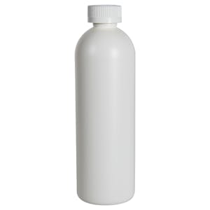 16 oz. White HDPE Cosmo Bottle with 28/410 White Ribbed CRC Cap with F217 Liner