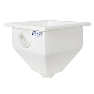 24" L x 24" W x 24-1/2" Hgt. White Tamco® Square Hopper with 2" FNPT Bulkhead Inlet & Outlet