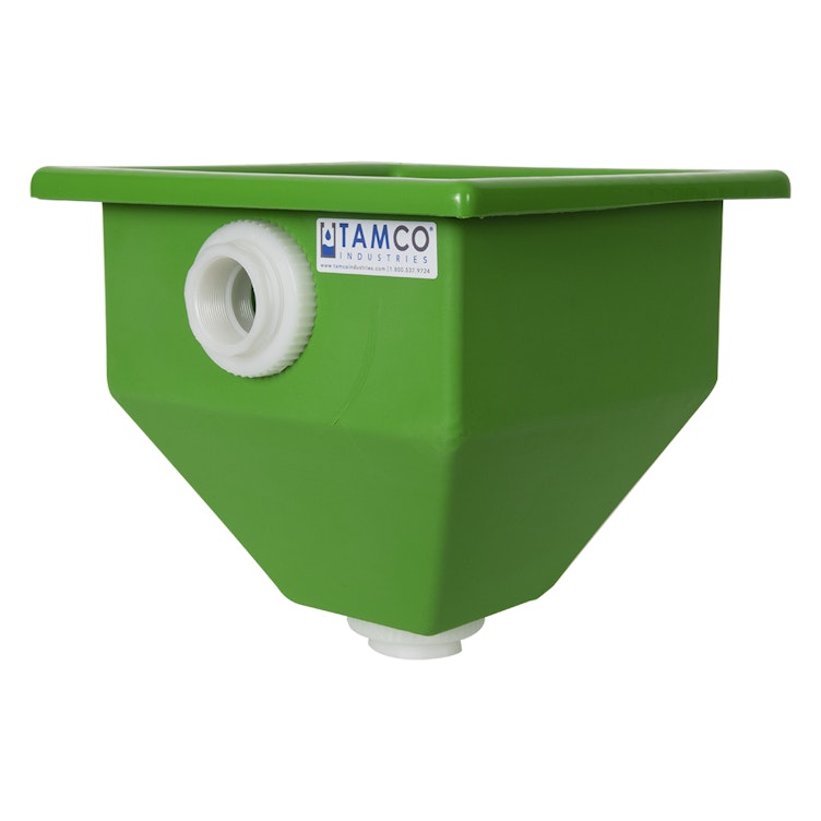 30" L x 30" W x 30-1/2" Hgt. Green Tamco® Square Hopper with 2" FNPT Bulkhead Inlet & Outlet