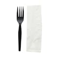 2-Piece Medium-Heavy Black Polystyrene Fork with Napkin Cutlery Set, Individually Wrapped - Case of 1000