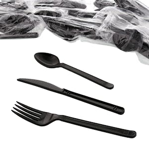 3-Piece Heavyweight Black Polypropylene Fork, Knife & Spoon Cutlery Set, Individually Wrapped - Case of 500